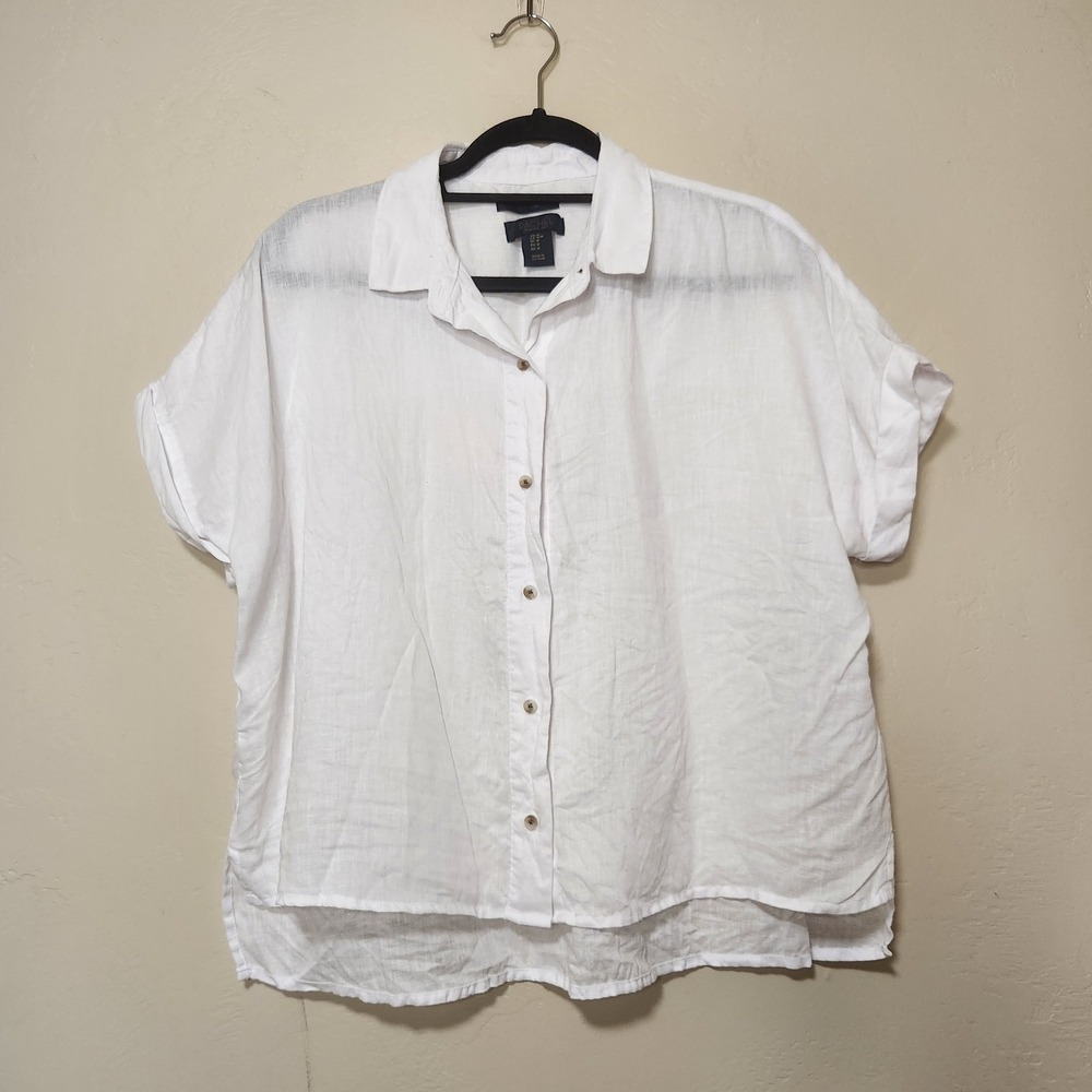 RACHEL RACHEL ROY White 100% Linen Short Sleeve Button Up Shirt Size Medium